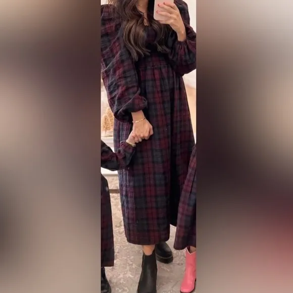 Nothing Fits But Plaid Smock Puff Sleeve Maternity Non Maternity Midi Dress M/L