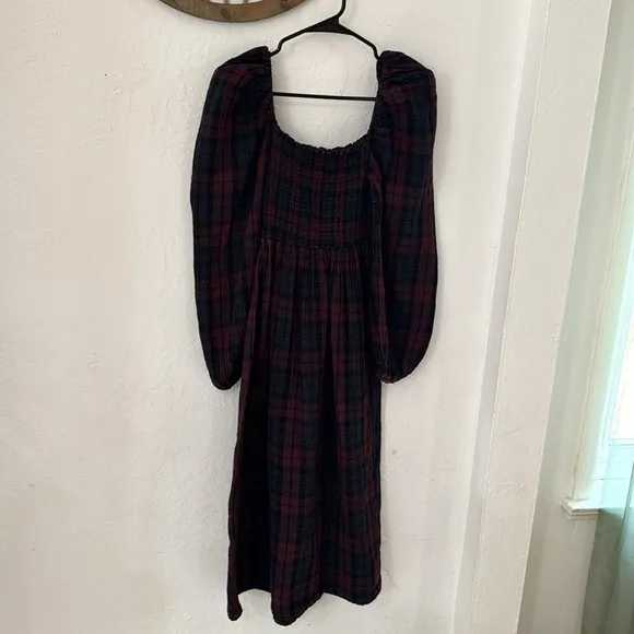 Nothing Fits But Plaid Smock Puff Sleeve Maternity Non Maternity Midi Dress M/L