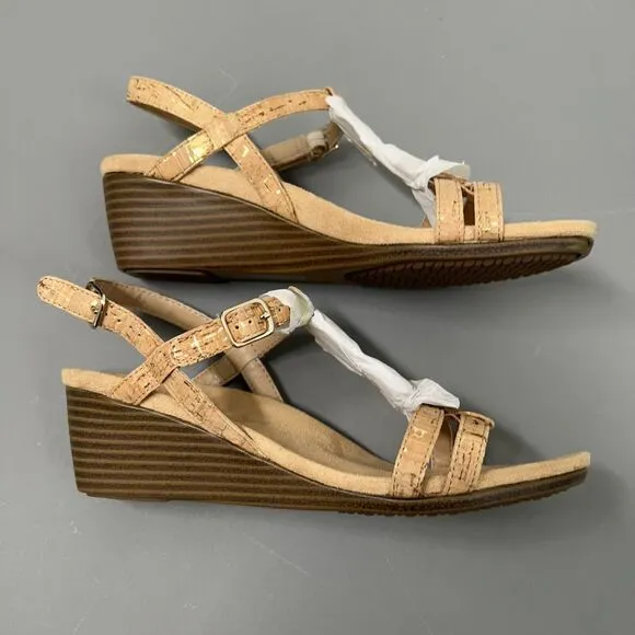NWOB Vionic Noleen Wedge Sandals Womens 7 Tan Cork 2&quot; Heel T Strap