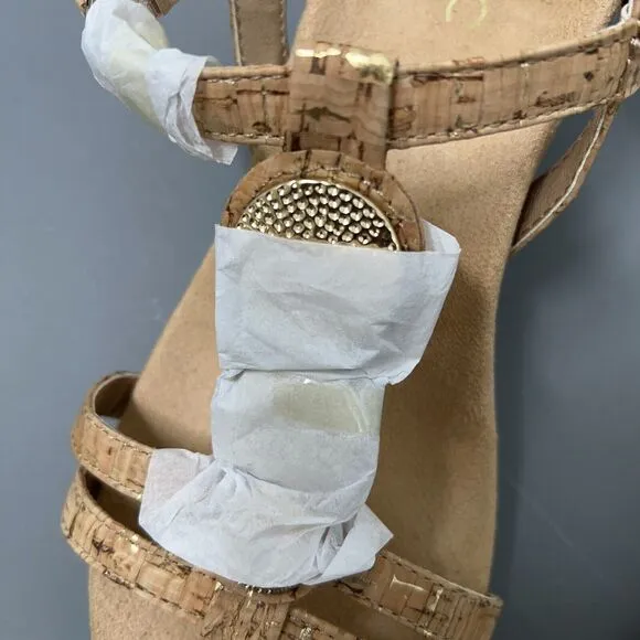 NWOB Vionic Noleen Wedge Sandals Womens 7 Tan Cork 2&quot; Heel T Strap