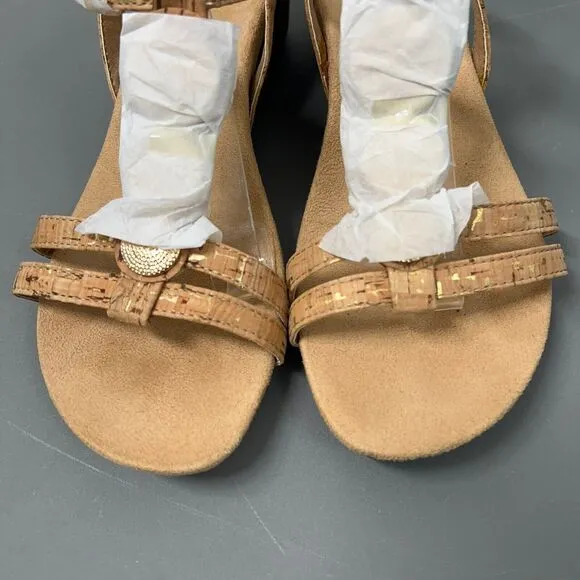NWOB Vionic Noleen Wedge Sandals Womens 7 Tan Cork 2&quot; Heel T Strap