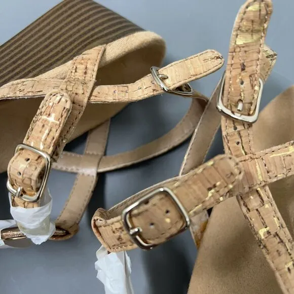 NWOB Vionic Noleen Wedge Sandals Womens 7 Tan Cork 2&quot; Heel T Strap
