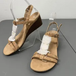 NWOB Vionic Noleen Wedge Sandals Womens 7 Tan Cork 2&quot; Heel T Strap