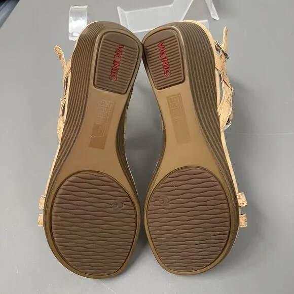 NWOB Vionic Noleen Wedge Sandals Womens 7 Tan Cork 2&quot; Heel T Strap