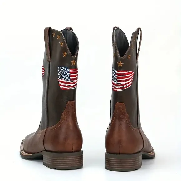 NWOT Brown PU Leather Cowboy Boots with American Flag Design