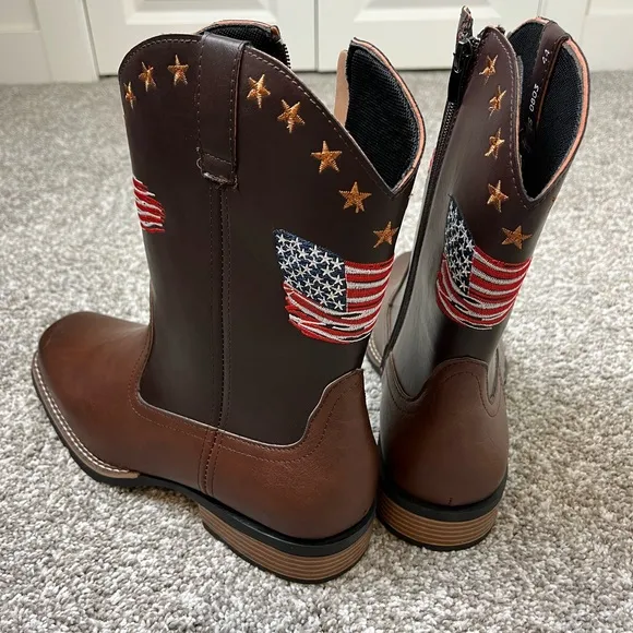 NWOT Brown PU Leather Cowboy Boots with American Flag Design