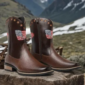 NWOT Brown PU Leather Cowboy Boots with American Flag Design