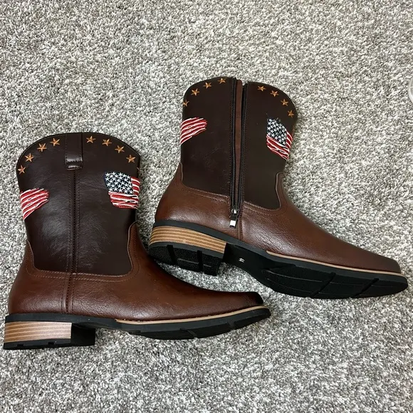 NWOT Brown PU Leather Cowboy Boots with American Flag Design