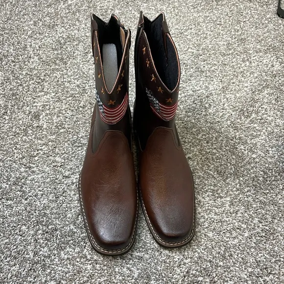 NWOT Brown PU Leather Cowboy Boots with American Flag Design