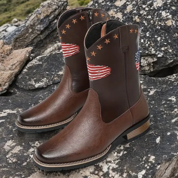NWOT Brown PU Leather Cowboy Boots with American Flag Design