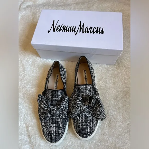 NWOT Karl Lagerfeld Paris Esme Bow‎ Tweed Slip On Sneakers Size 7
