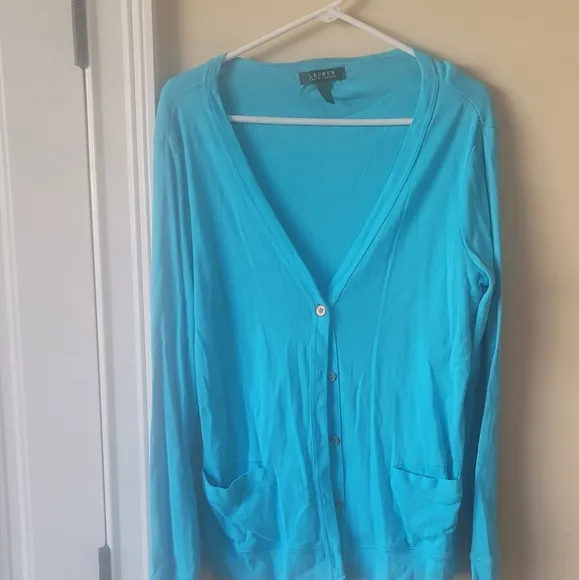 NWOT Ralph Lauren Turquoise Blue Cotton Long Sleeve Cardigan Sweater Size L