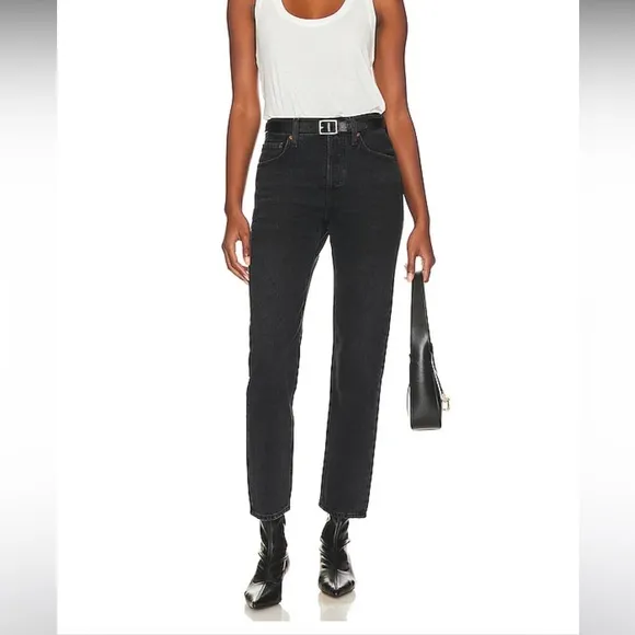 NWT AGOLDE Parker Long Low Sling Vintage Straight Denim Jeans in Black, Size 30