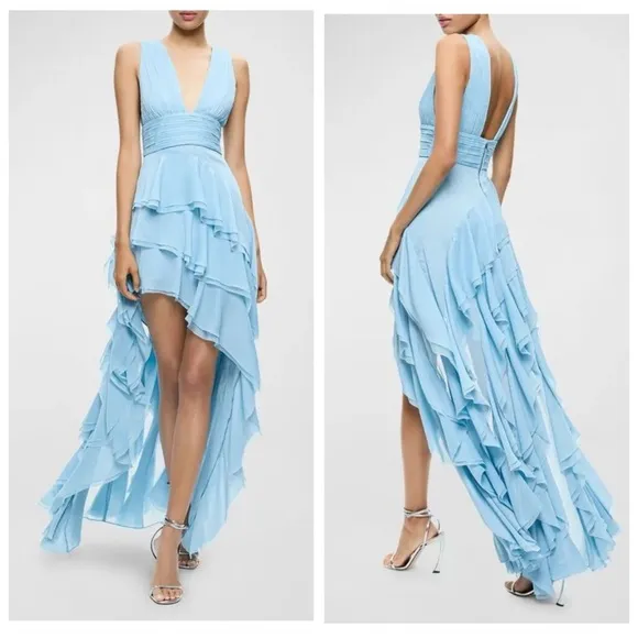 NWT Alice   Olivia Holly Asymmetric Ruffle Midi Dress Size 6 $695