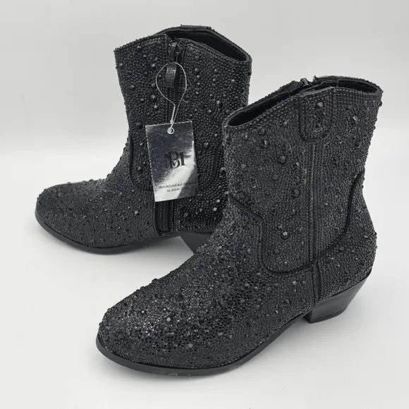 NWT Badgley Mischka Girls’ Sparkly Cowgirl Boots, Black Rhinestones