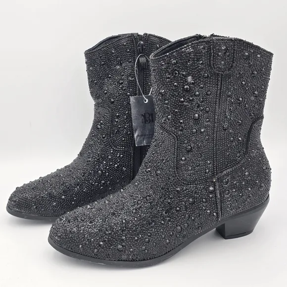 NWT Badgley Mischka Girls’ Sparkly Cowgirl Boots, Black Rhinestones