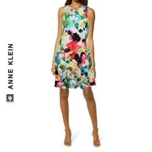 NWT Beautiful ANNE KLEIN Watercolor Bloom Floral Print A-Line Flowy Mini Dress