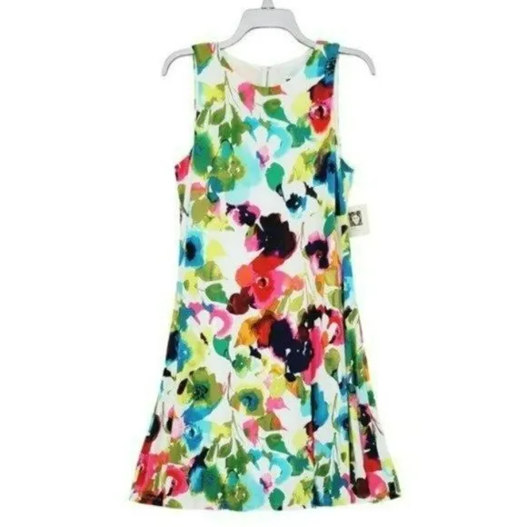 NWT Beautiful ANNE KLEIN Watercolor Bloom Floral Print A-Line Flowy Mini Dress