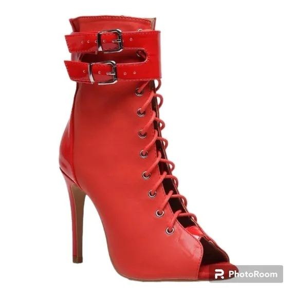 NWT BURJU Under The Influence Open Toe Lace Up Buckle Ankle Boots | Red 8.5/9.5