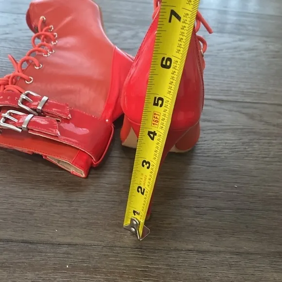 NWT BURJU Under The Influence Open Toe Lace Up Buckle Ankle Boots | Red 8.5/9.5