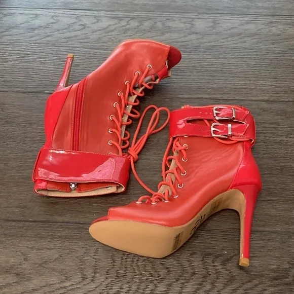 NWT BURJU Under The Influence Open Toe Lace Up Buckle Ankle Boots | Red 8.5/9.5