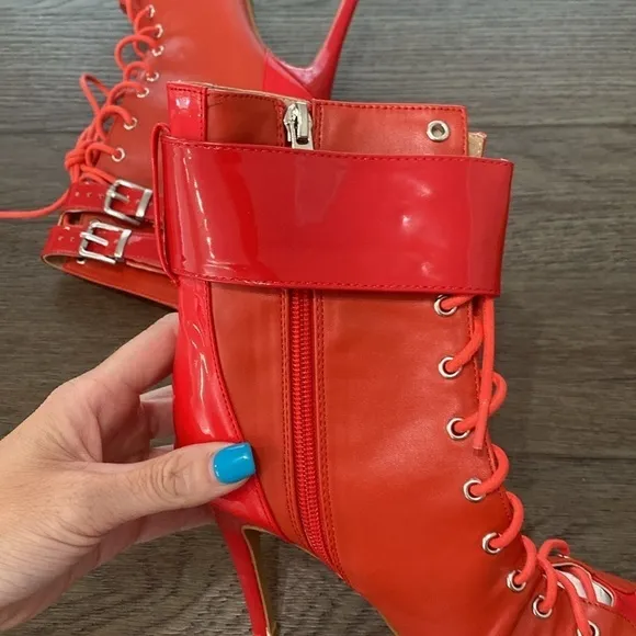 NWT BURJU Under The Influence Open Toe Lace Up Buckle Ankle Boots | Red 8.5/9.5