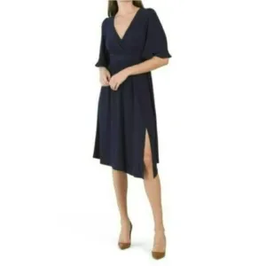NWT ELIZA J Elbow Sleeve V-Neck Front Slit Asymmetric Party Cocktail Midi Dress