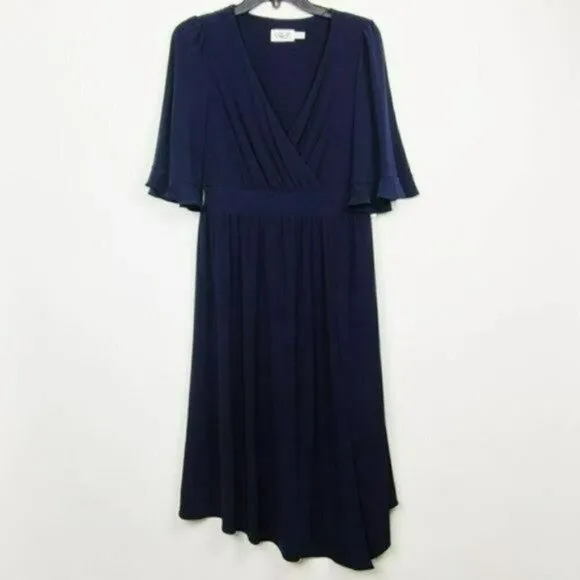 NWT ELIZA J Elbow Sleeve V-Neck Front Slit Asymmetric Party Cocktail Midi Dress