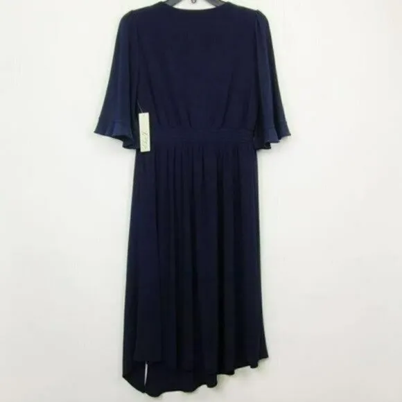 NWT ELIZA J Elbow Sleeve V-Neck Front Slit Asymmetric Party Cocktail Midi Dress