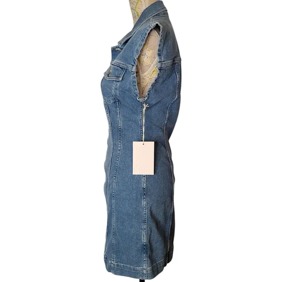 NWT ETICA Size Medium Gabriela Seamed Fitted A-Line Coba Blue Denim Mini Dress