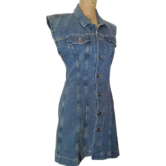 NWT ETICA Size Medium Gabriela Seamed Fitted A-Line Coba Blue Denim Mini Dress