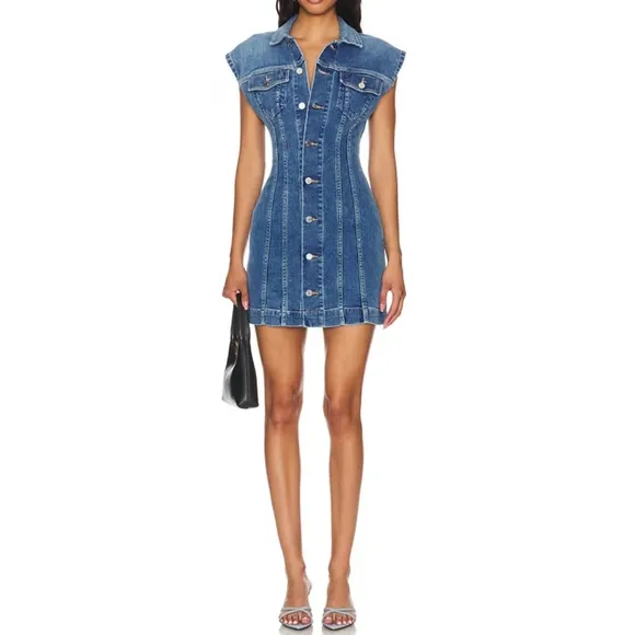 NWT ETICA Size Medium Gabriela Seamed Fitted A-Line Coba Blue Denim Mini Dress