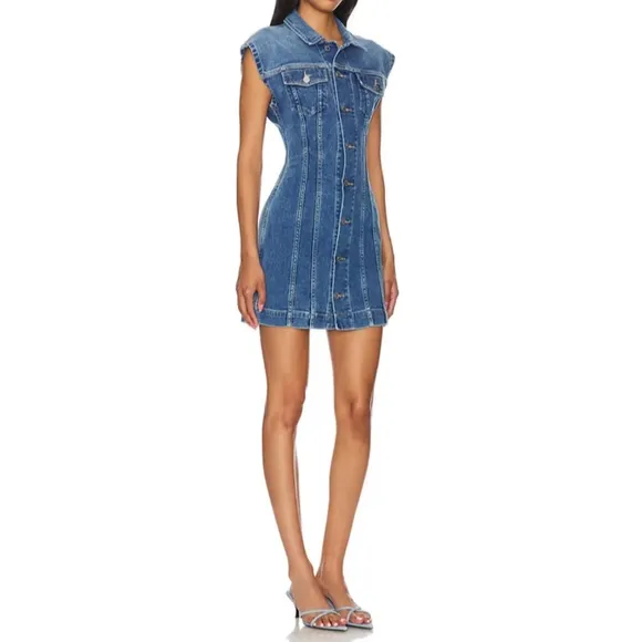NWT ETICA Size Medium Gabriela Seamed Fitted A-Line Coba Blue Denim Mini Dress