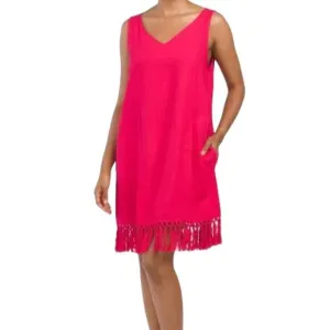 NWT FORCYNTHIA Women's Linen Blend Sleeveless V-neck Fringe Hem Mini Dress