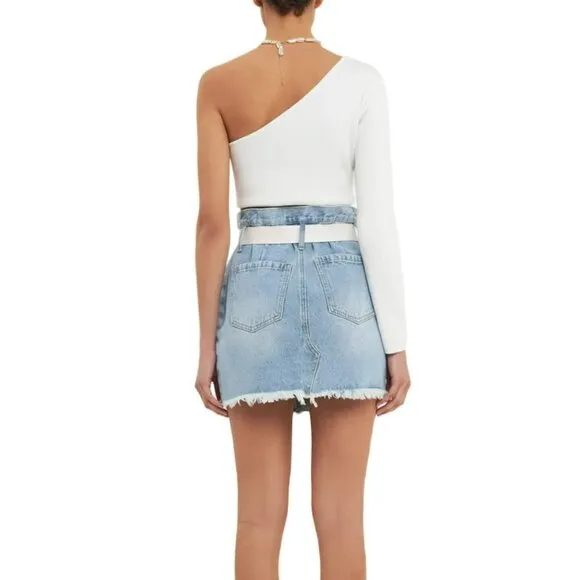 NWT GREY LAB Women's High Rise Belted Frayed Hem Denim Mini Skirt