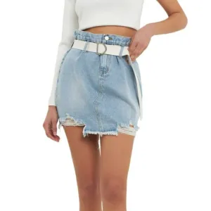 NWT GREY LAB Women's High Rise Belted Frayed Hem Denim Mini Skirt