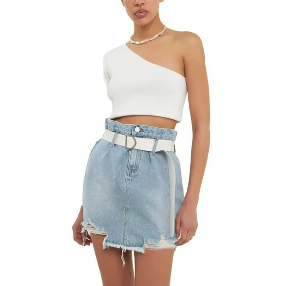 NWT GREY LAB Women's High Rise Belted Frayed Hem Denim Mini Skirt