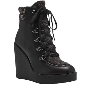 NWT JESSICA SIMPSON Black Maelyn Wedge Platform Almond-Toe Lace-up Ankle Boots