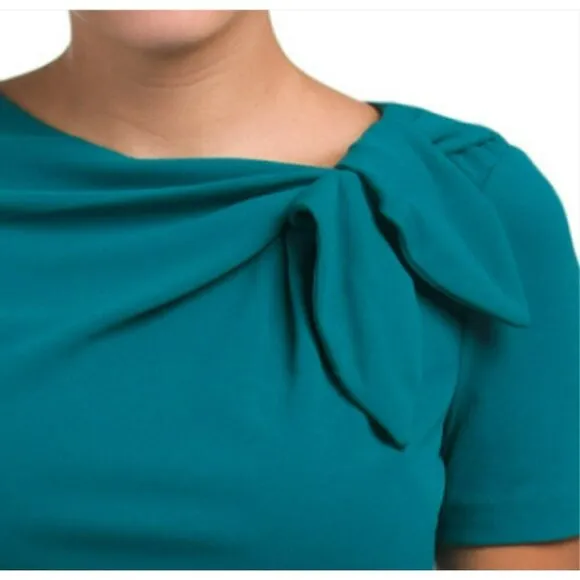 NWT London Times Women's Short Sleeve Gathered Neck Tie Sheath Mini Dress