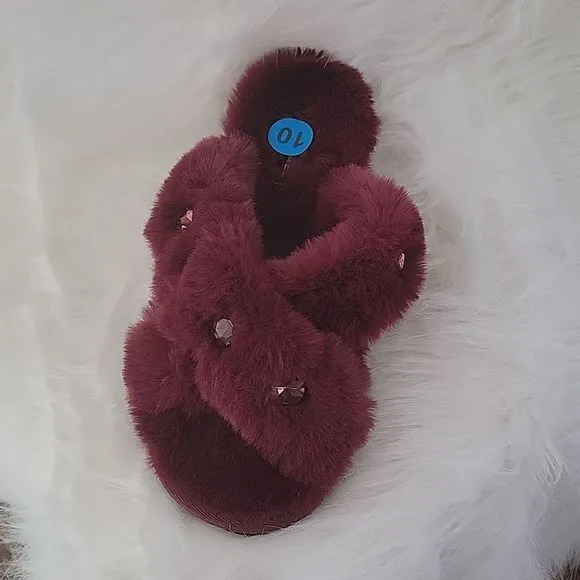 NWT MICHAEL KORS  FUR SLIPPERS HOUSE SHOES SANDALS 8 10 MAROON JEWEL