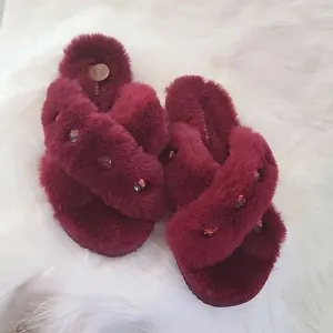 NWT MICHAEL KORS  FUR SLIPPERS HOUSE SHOES SANDALS 8 10 MAROON JEWEL