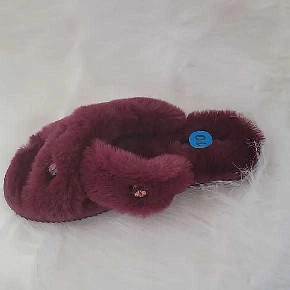 NWT MICHAEL KORS  FUR SLIPPERS HOUSE SHOES SANDALS 8 10 MAROON JEWEL