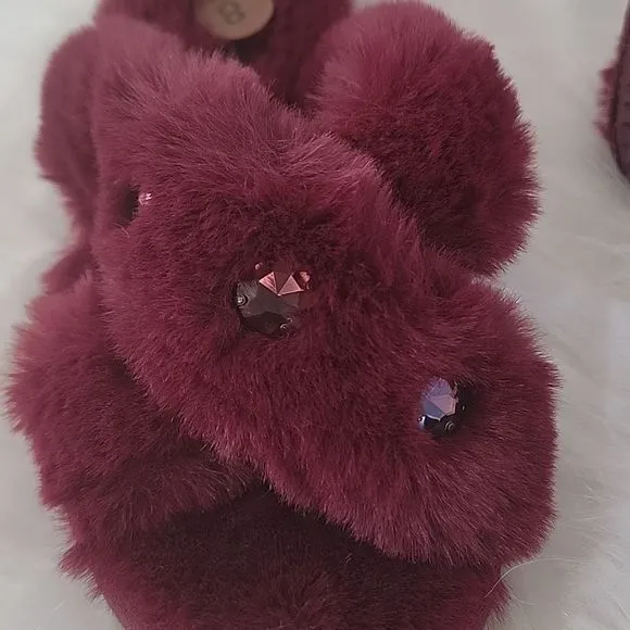 NWT MICHAEL KORS  FUR SLIPPERS HOUSE SHOES SANDALS 8 10 MAROON JEWEL
