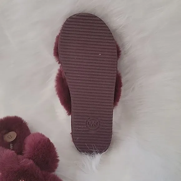 NWT MICHAEL KORS  FUR SLIPPERS HOUSE SHOES SANDALS 8 10 MAROON JEWEL