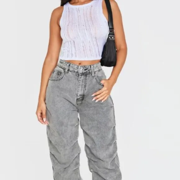 NWT - PLT Washed Grey Ruched Straight Leg Denim Jeans - Size 6