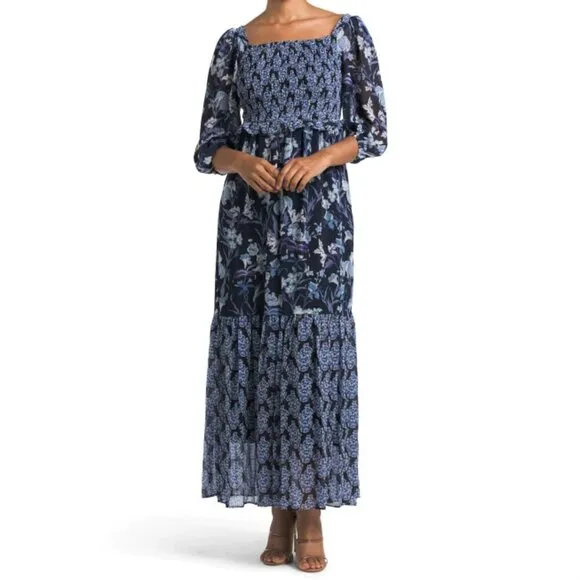 NWT Taylor Women's Floral Mixed Print Smocked Top Tiered Maxi Dress