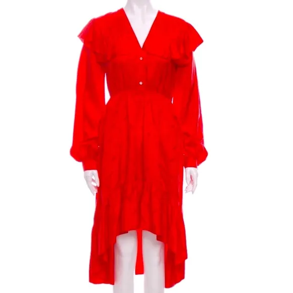 NWT❤️MSGM ❤️Red ALL OVER MSGM LOGO satin ruffle button dress