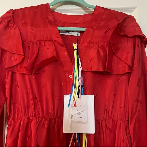 NWT❤️MSGM ❤️Red ALL OVER MSGM LOGO satin ruffle button dress