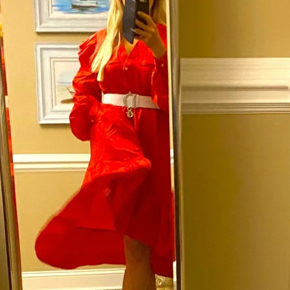 NWT❤️MSGM ❤️Red ALL OVER MSGM LOGO satin ruffle button dress