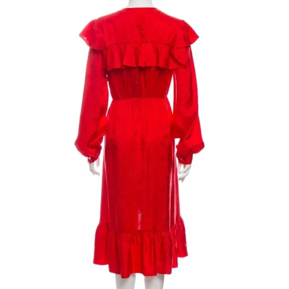 NWT❤️MSGM ❤️Red ALL OVER MSGM LOGO satin ruffle button dress